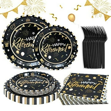 Retirement Celebration Essentials Set - Black and Gold Tableware with Paper Plates, Napkins, and Forks for 24 Guests - Perfect Farewell Party Supplies for All