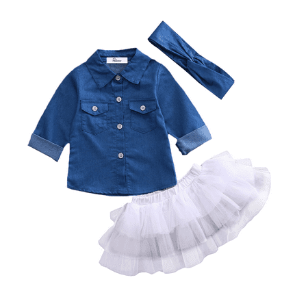 

Tregren Toddler Kids Baby Girls Denim Tops T Shirt Tutu Skirts Dress 3pcs Outfits Set