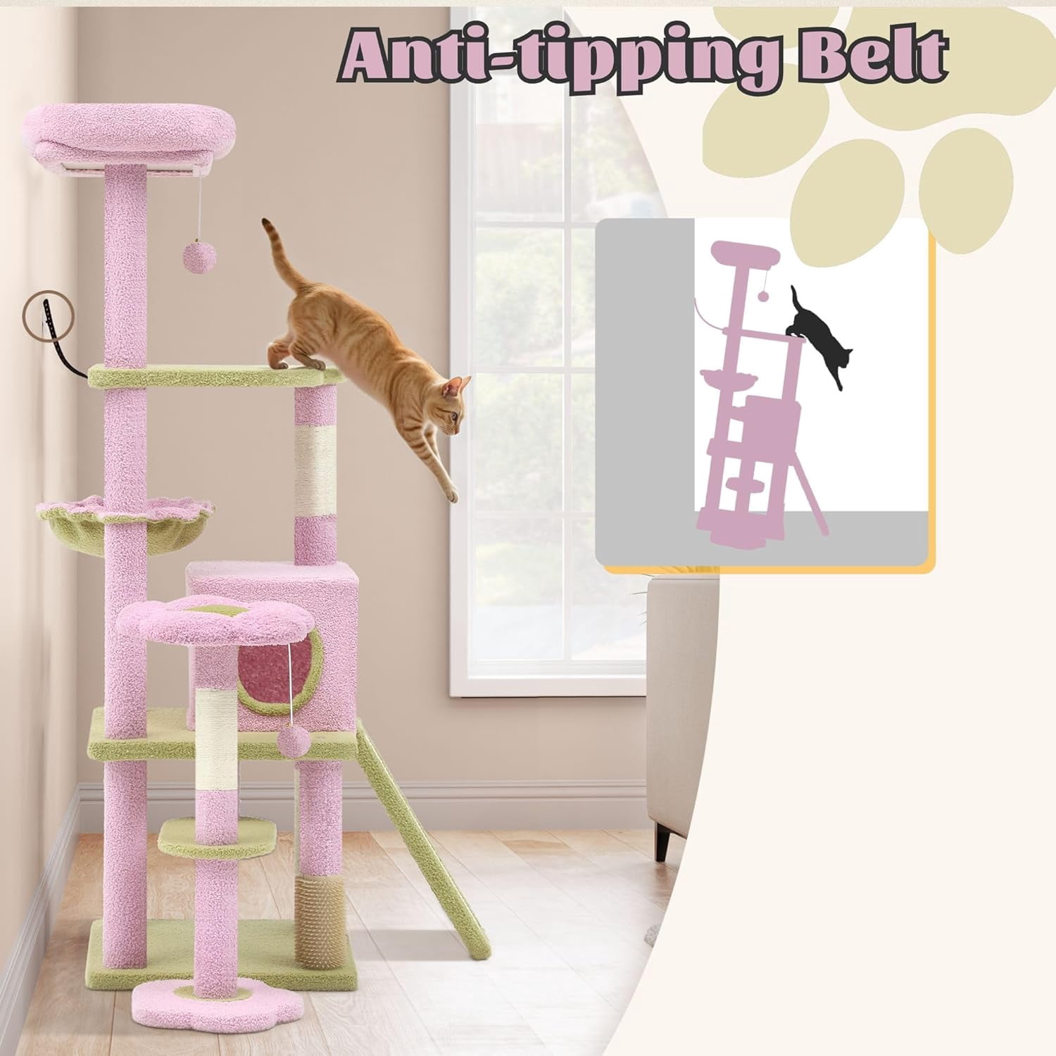 61" Tall Flower Cat Tree for Large Cats with Self-Grooming Brush, Climbing Tower for Indoor Kittens with Cat Condo, Top Perch, Basket, Sisal Scratching Posts and Dangling Ball