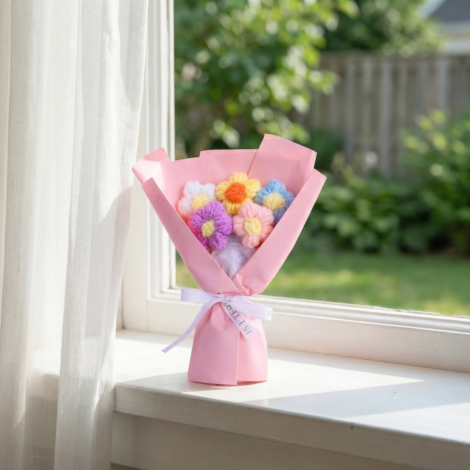 Unique Bargains Handmade Crochet Eternal Knitted Flowers Bouquet with Wrap Pink 7.1 in