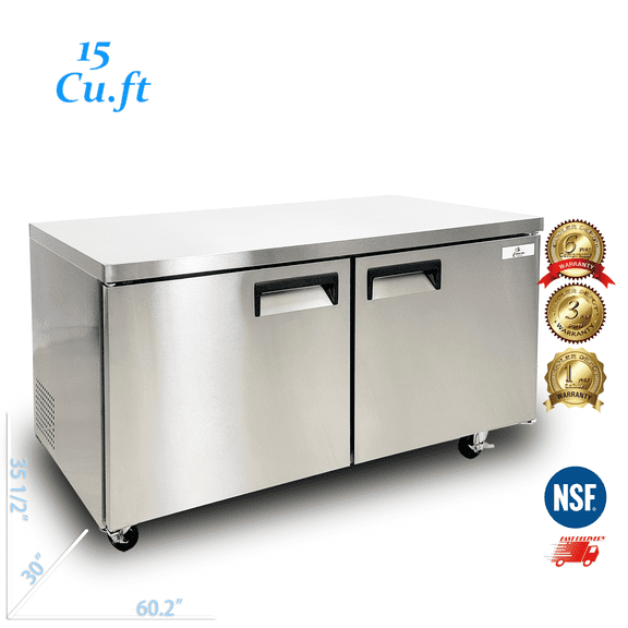 Cooler Depot 60 inch 9.55 cu.ft, 35 1/2" heigh Commercial Undercounter  refrigerator, 2 Solid Doors, Stainless steel exterior, NSF certified.