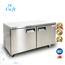 Cooler Depot 60 inch 9.55 cu.ft, 35 1/2" heigh Commercial Undercounter refrigerator, 2 Solid Doors, Stainless steel exterior, NSF certified.