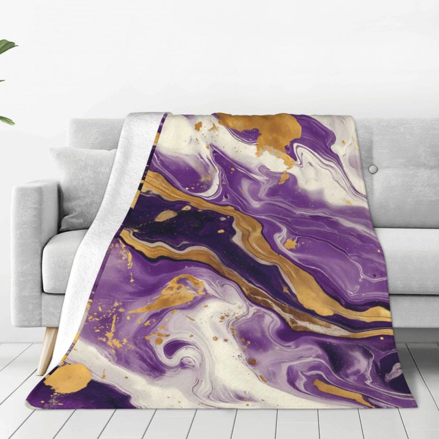 Balery Purple Gold Marble Swirls Manta de Felpa Suave y Acogedora – Cobija de Franela Aterciopelada para Cama, Lavable y Cálida para Sofá, Mascotas, Transpirable-40"x30"