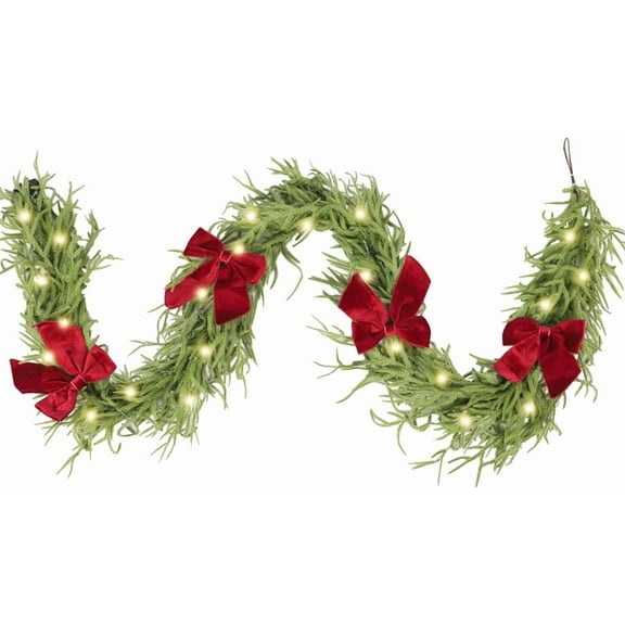 Guvpev 9FT Christmas Garland with Lights, Lighted Norfolk Pine Garland for Mantel, Real Touch Artificial Green Christmas Garland with Large Velvet Bow for Indoor Outdoor Christmas Decor