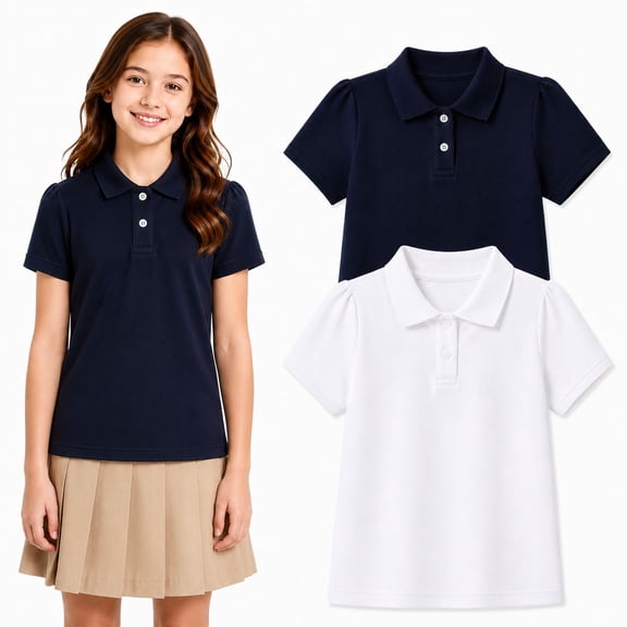 HILEELANG Girls School Uniform Polo Shirts, 2-Pack Short Sleeve Cotton Blend Pique Tops, White & Navy, Sizes 4-13