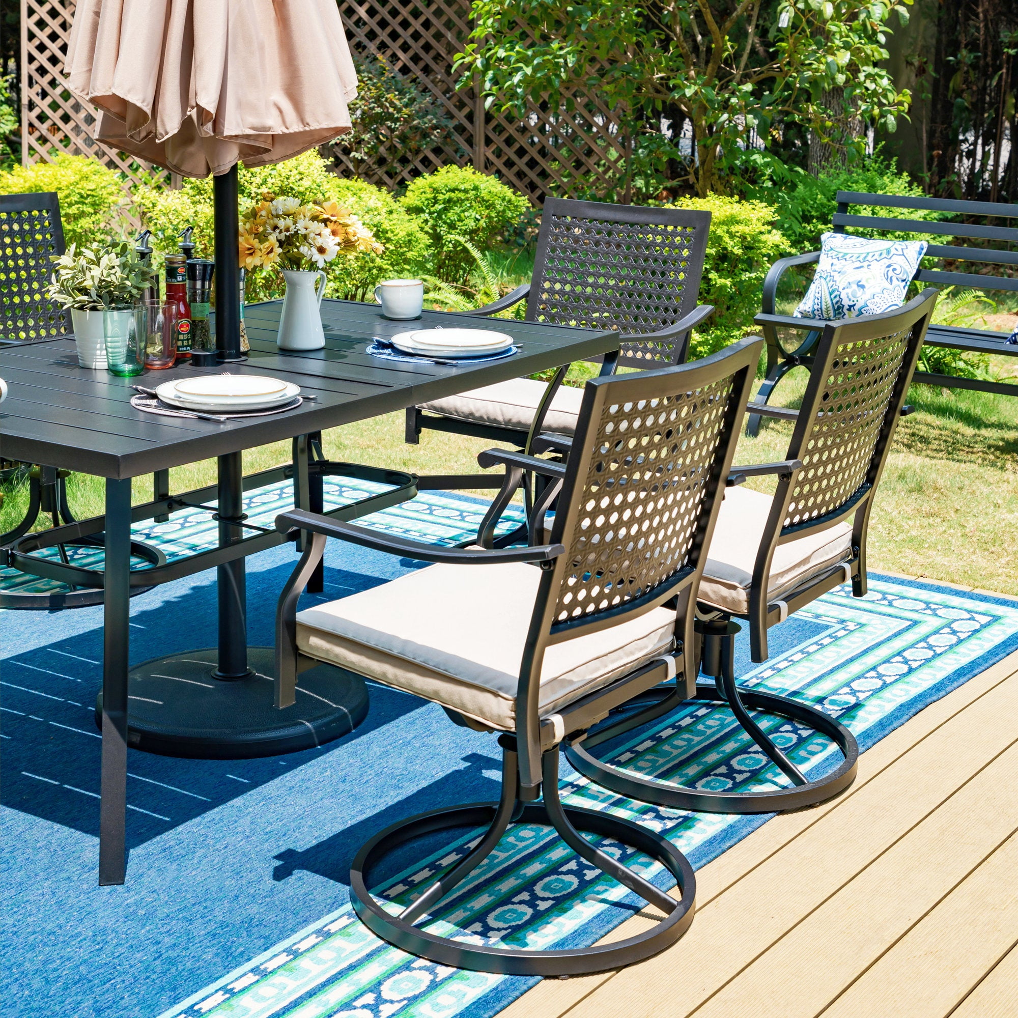 MF Studio 8 Piece Outdoor Patio Set with 15 FT Double sided Umbrella 6 PCS 360 Swivel Padded Chairs Large Dining Table All Weather resistant Steel Furniture Beige Cushion Walmart
