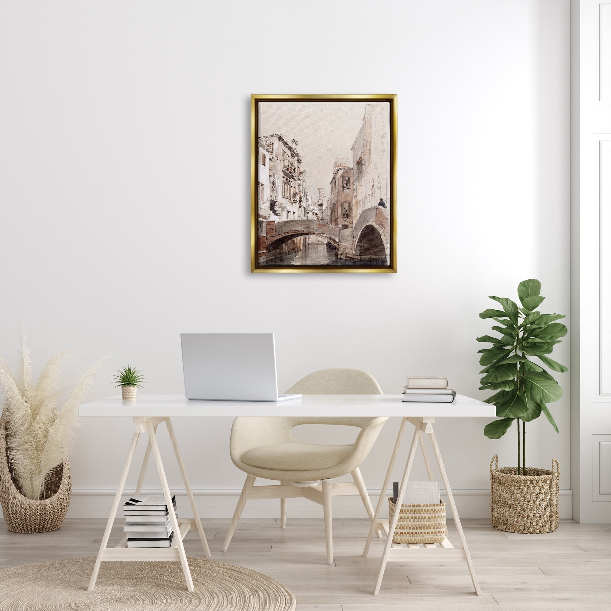 Stupell Industries Arched Bridge Over Canal Quaint Town Buildings Painting Metallic Gold Floating Framed Canvas Print Wall Art, Design by Lettered and Lined