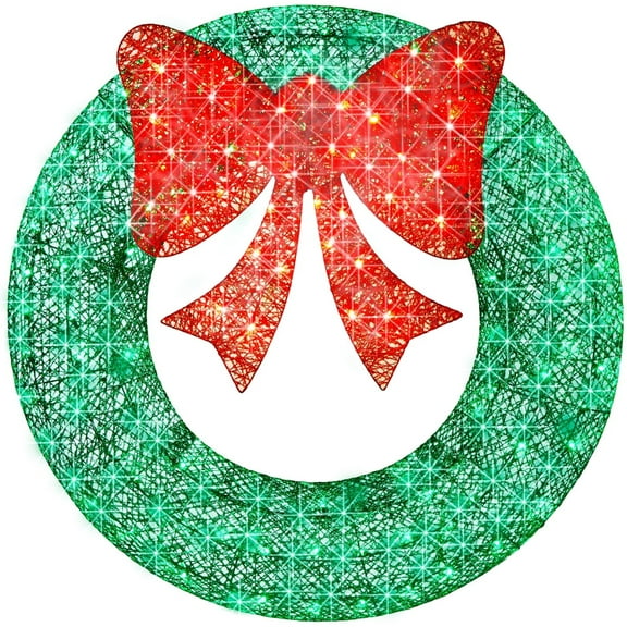 12in Pre-Lit Outdoor Christmas Wreath, LED Metal Christmas Decor LED Lighted Outdoor Christmas Decorations with Bow Battery Operated with Timer for Door, Window, Garage, Green