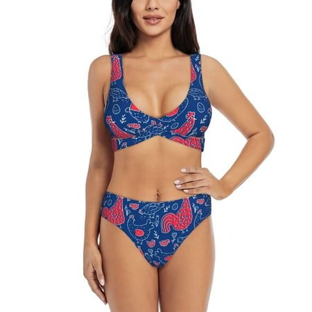 Zeuib Chicken and Rooster High Waisted Tummy Control Bikini Set - Knot Front Push Up Top & Cheeky Thong Bottom  Two-Piece Swimsuit for Women-Small
