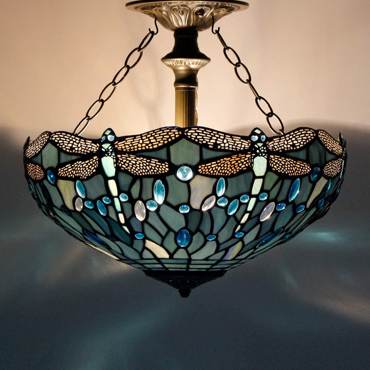 Tiffany Ceiling Light Fixture Semi Flush Mount 16" Sea Blue Stained Glass Dragonfly Shade Close to Dome Island Boho Hanging Lamp Decor Bedroom Kitchen Dining Living Room Entry Foyer Hallway WERFACTORY
