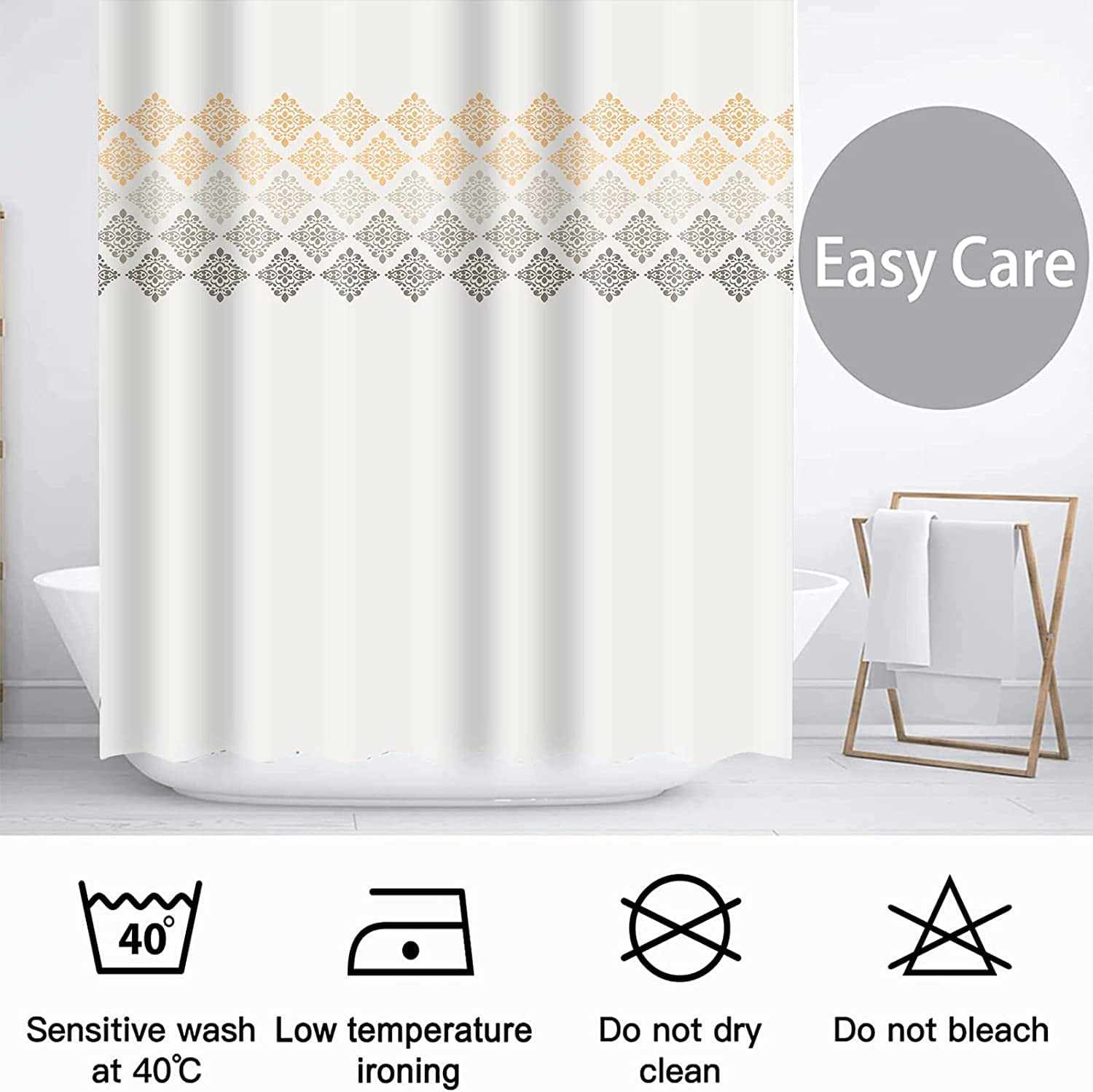Grey Yellow Boho Shower Curtain,Beige Bohemian Chic Shower Curtains Set for Bathroom with 12 Hooks,Modern Farmhouse Bath Curtain 72x72in,Waterproof Fabric,Machine Washable