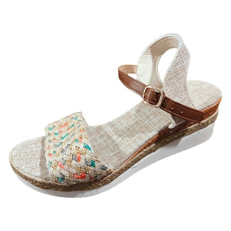 

Womens Wide Sandals Ladies Weave Open Toe Straw Buckle Strap Cloth Slope Heel Thick Soled Wedges Roman Sandals Bridesmaid Gifts