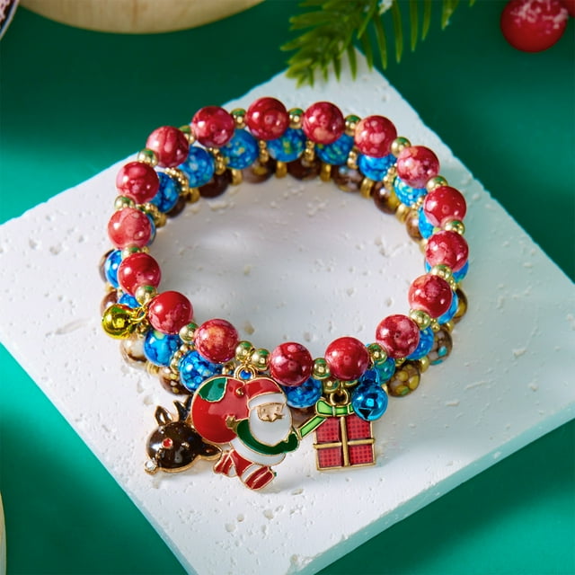 Set de pulseras de Papá Noel con muñeco de nieve con árbol de Navidad - Pulseras festivas de aleación de 3 piezas para mujer, joyería navideña multicolor con cuentas, ajustable de 7 pulgadas