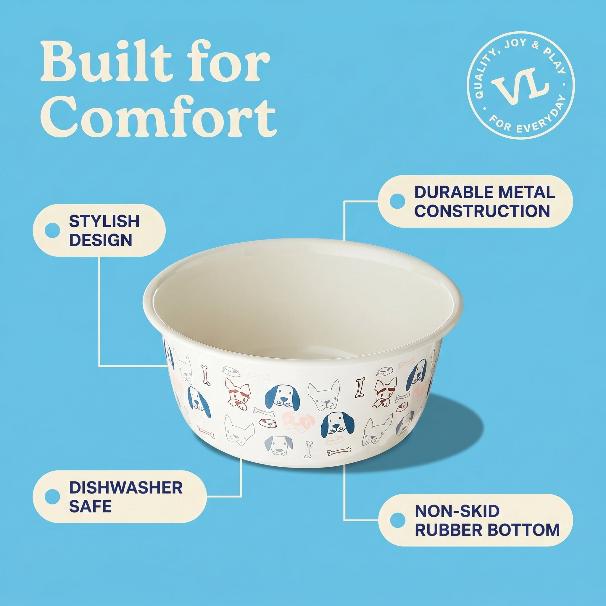 (4 pack) Vibrant Life Medium 4-Cup Stainless Steel Doggie Faces Pet Bowl, Off White