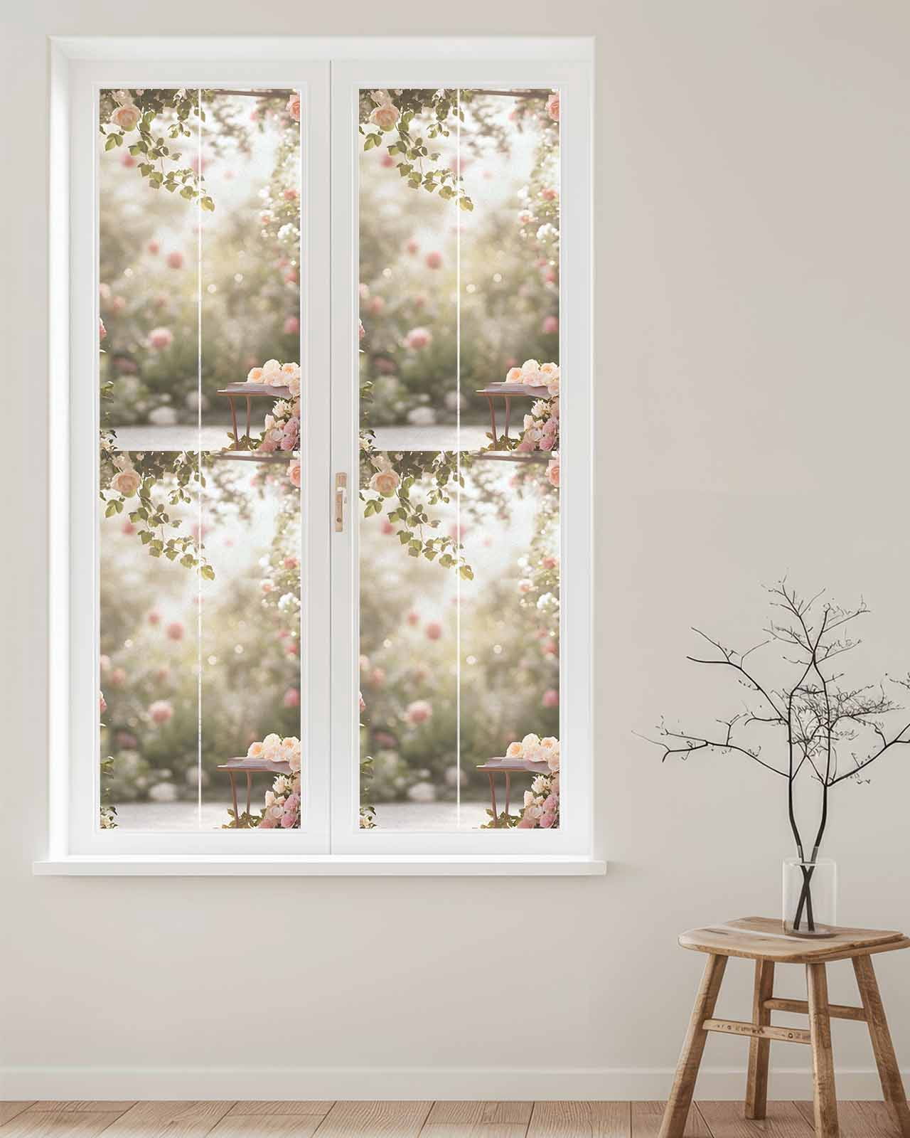 Window Privacy Film Pink Rose Spring Floral Stained Glass Window Film Decorative Sun Block Window Cover Summer Roses Flowers Farmhouse Window Clings Static Adhesive Sticker for Bathroom 23.6"x78.7"