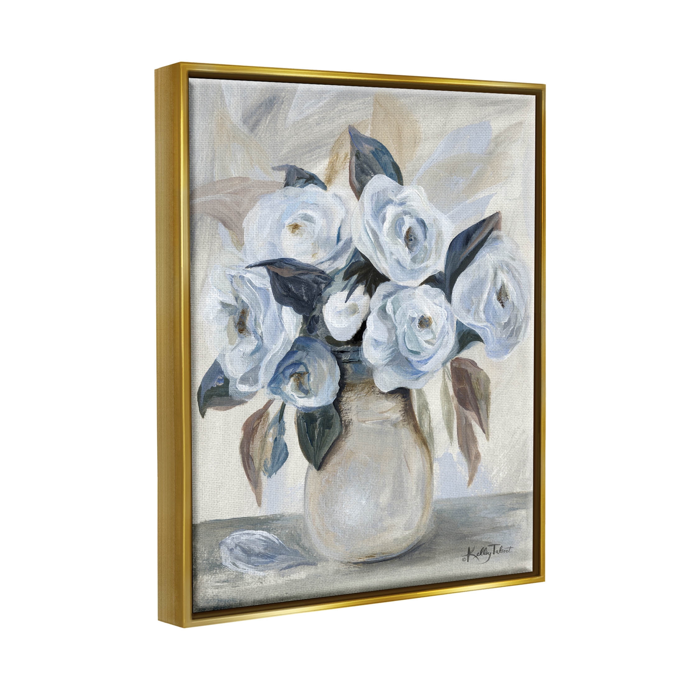 Stupell Industries Traditional Blue Rose Blossom Bouquet Painting Metallic Gold Floating Framed Canvas Print Wall Art, Design by Kelley Talent