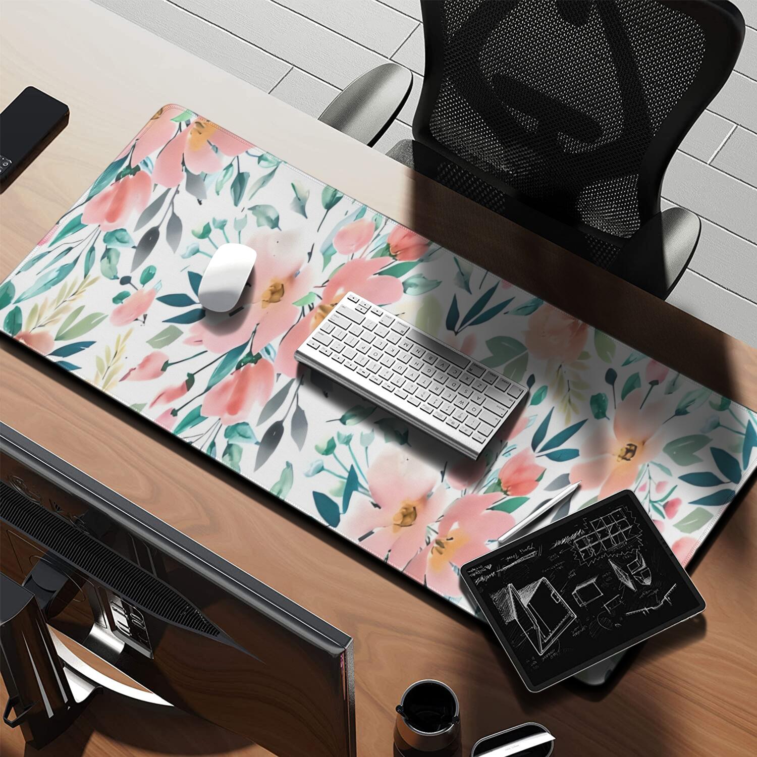 Long Mouse Pads for Desk,Pioneer Flower Floral Print Pattern Desk Mats on Top Of Desks, Desk Mouse Pad Extra Large with 3mm Non-Slip Base and Stitched Edge for Gaming,Office,Work,Home 35.4"x15.7"
