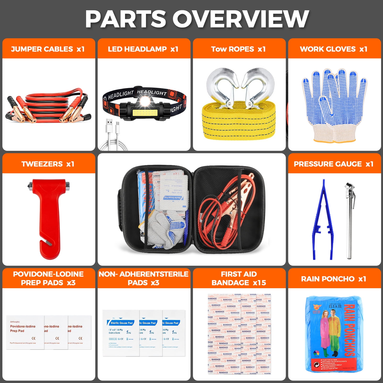 Roadside Assistance Emergency Kit Car Safety Kit Multipurpose Bag Car Premium with Battery Jumper Cable Kit for Car, Vehicle, Truck or SUV for Men or Women, Black  Roadside Emergency Car Kit-with Jum