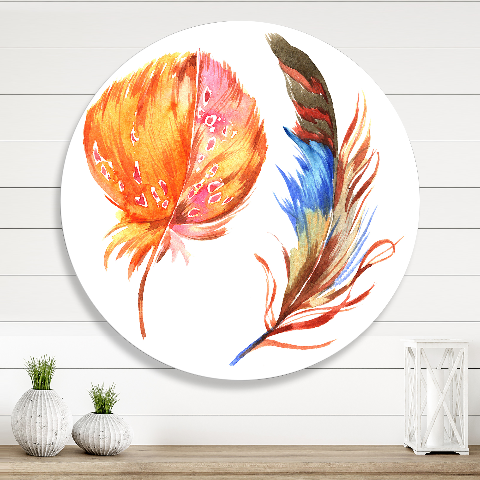 Designart 'Ethnic Brown and Colorful Feather ' Bohemian & Eclectic Circle Metal Wall Art 23x23 - Disc of 23