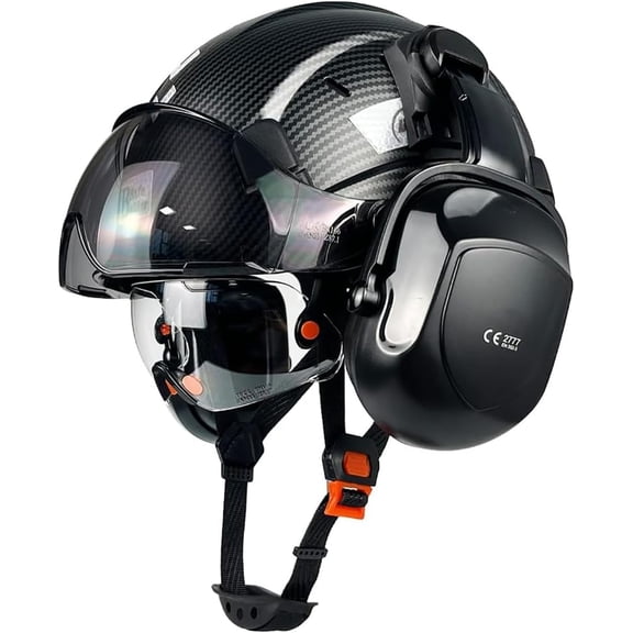 Industrial Safety Helmet with Double Goggles Visor Ear Defenders Muffs Work Hight Carbon Fiber ABS Safety Hard Hats Vented for Industrial Hard Hats Construction Head Protection(Black)
