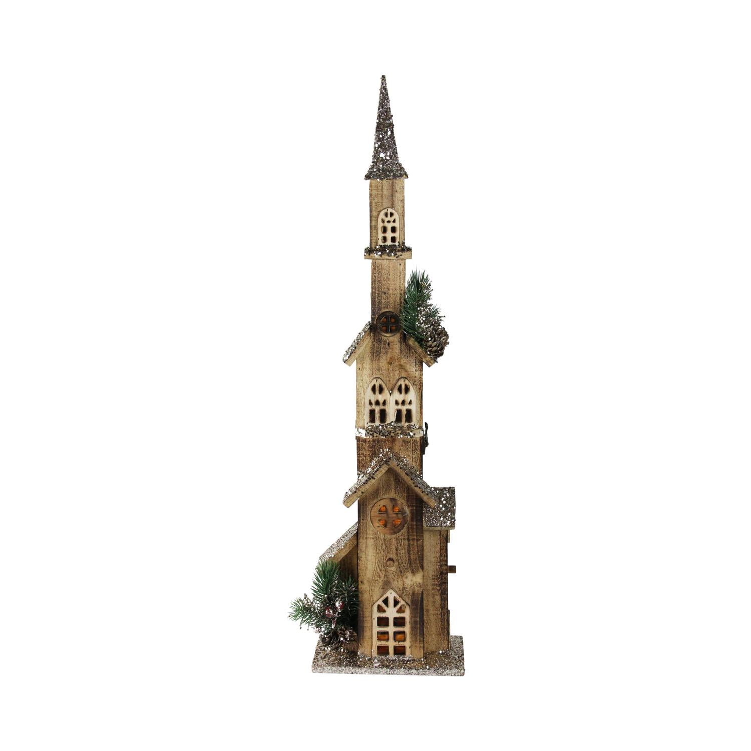 Northlight 27.5 LED Lighted Multi Level Brown Wooden Church Table Top Christmas Decoration