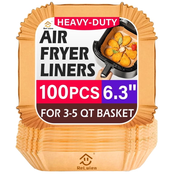Reluien Air Fryer Liners Disposable 100 Count, Non-stick 6.3 inch Unbleached Parchment Paper Liner for 3-5QT Air Fryer, Oil-proof, Water-proof
