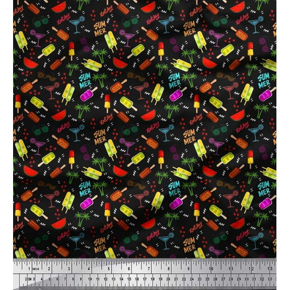 Soimoi Crepe Silk Fabric Watermelon,Ice Cream & Cocktail Summer Designs Printed Fabric 1 Yard 42 Inch Wide