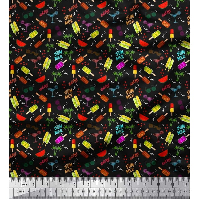 Soimoi Polyester Crepe Fabric Watermelon,Ice Cream & Cocktail Summer Designs Printed Craft Fabric by The Yard 52 Inch Wide