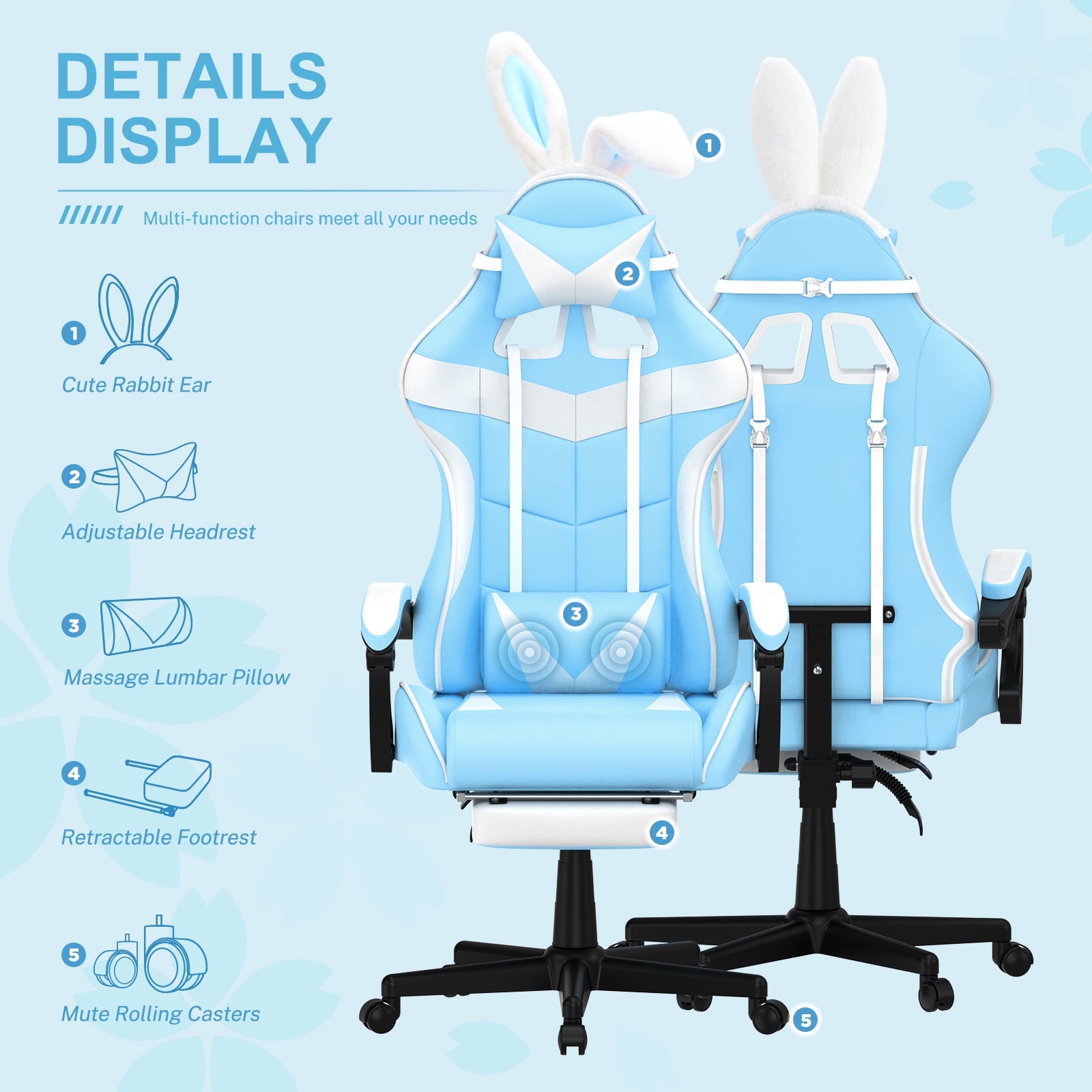 Sweet Pastel Embroidery Gaming Chair Reclining Backrest Armrest