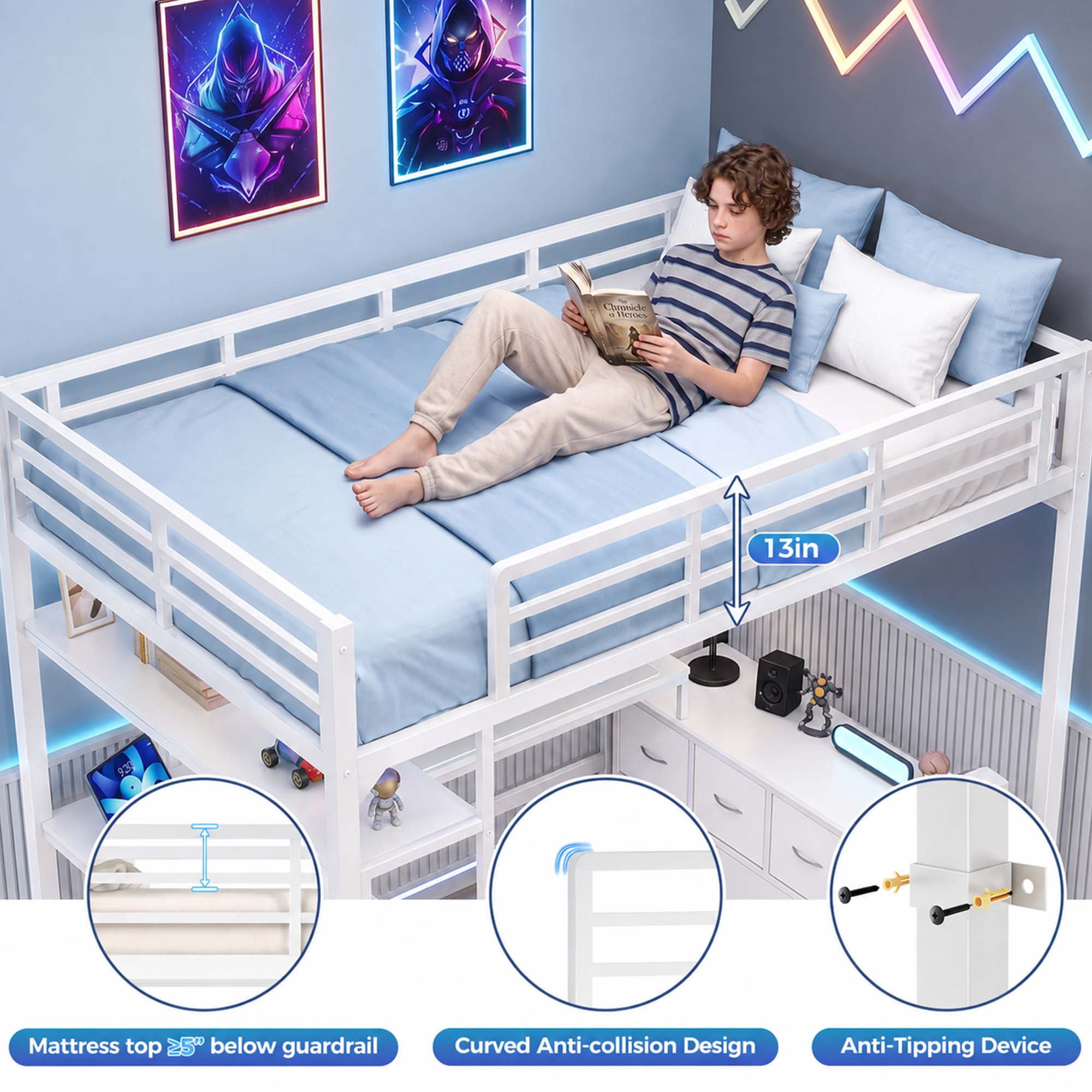 Miniyam Full Size Metal Loft Bed with Desk, 7 Drawers, LED & Charging Station, White