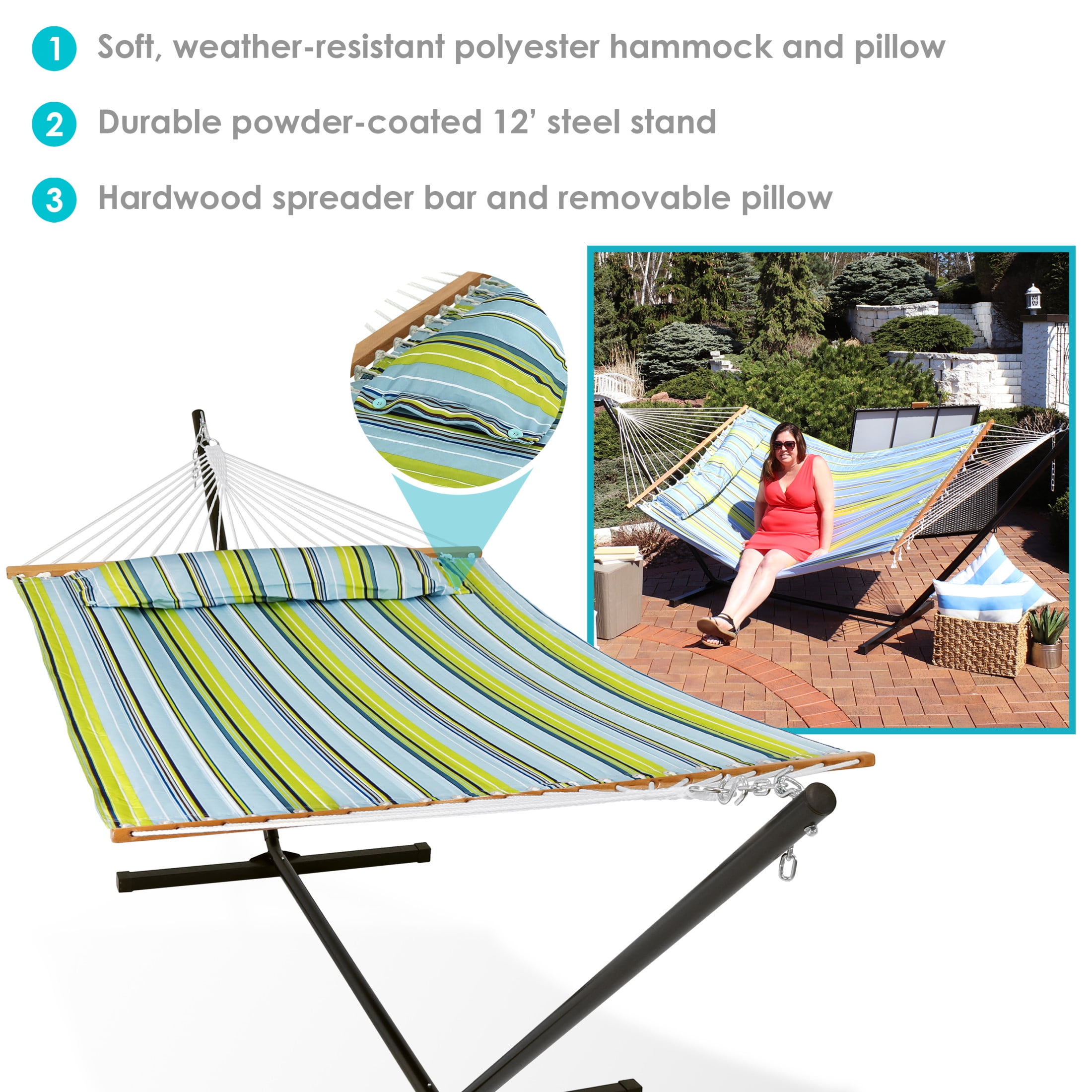 Sunnydaze 2-Person Quilted Polyester Spreader Bar Hammock with Stand, 350 lb Capacity - Blue/Green