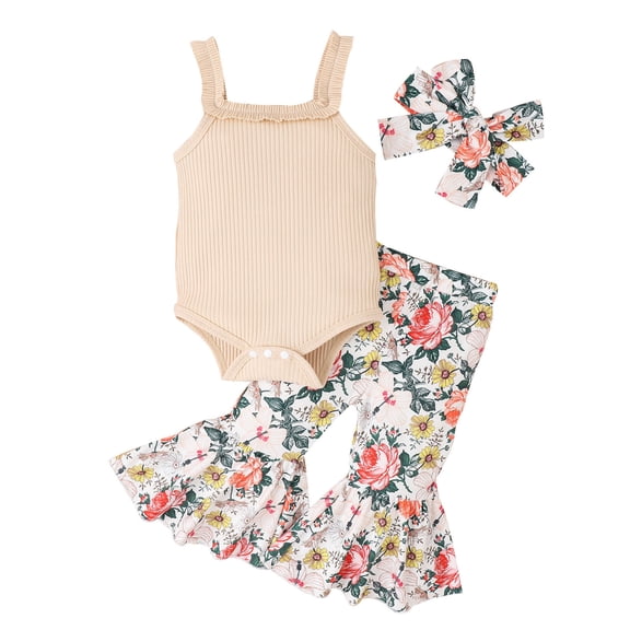 Mercatoo Baby Girl Summer Outfit Camisoles Ribbed Romper Floral Bell Bottom Pant Bowknot Headband 3Pcs Clothing Set
