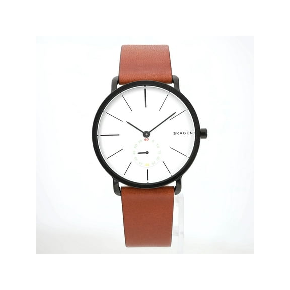 Skagen Hagen Black Steel White Dial Brown Leather Strap Men Quartz Watch SKW6216