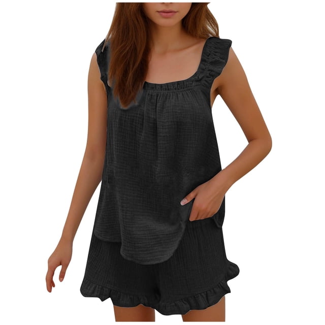 AherBiu Womens Pajama Sets 2 Piece Ruffle Sleeve Camisoles Homewear Loose Wide Leg Shorts Sleepwear Set