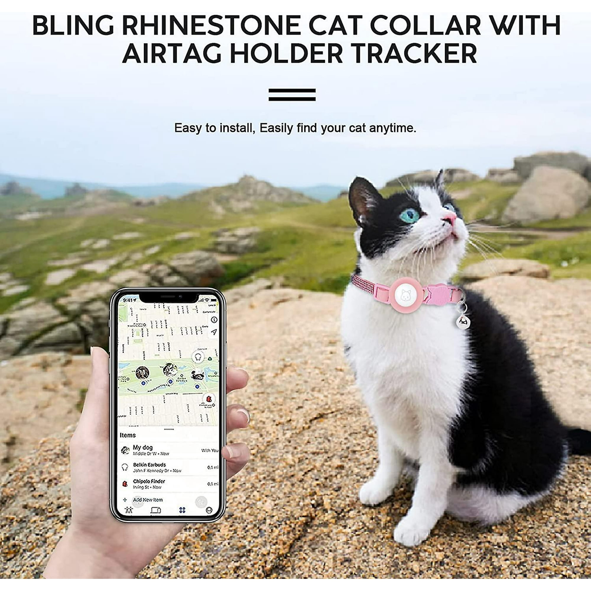 1pcs Cat Collar Compatible With Air Tag Reflective Bling Diamond Rhinestone Cat Collar With Air Tag Holder Bell Walmart