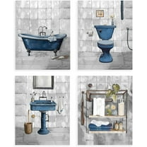 Rustic Blue Bathroom Canvas Wall Art Decor, Retro Bathroom Artwork Print Vintage Decor for Minimalist Toilet Bathtub, 8x10 in Unframed
