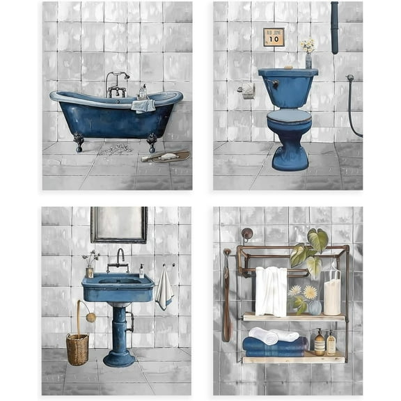 Rustic Blue Bathroom Canvas Wall Art Decor, Retro Bathroom Artwork Print Vintage Decor for Minimalist Toilet Bathtub, 8x10 in Unframed