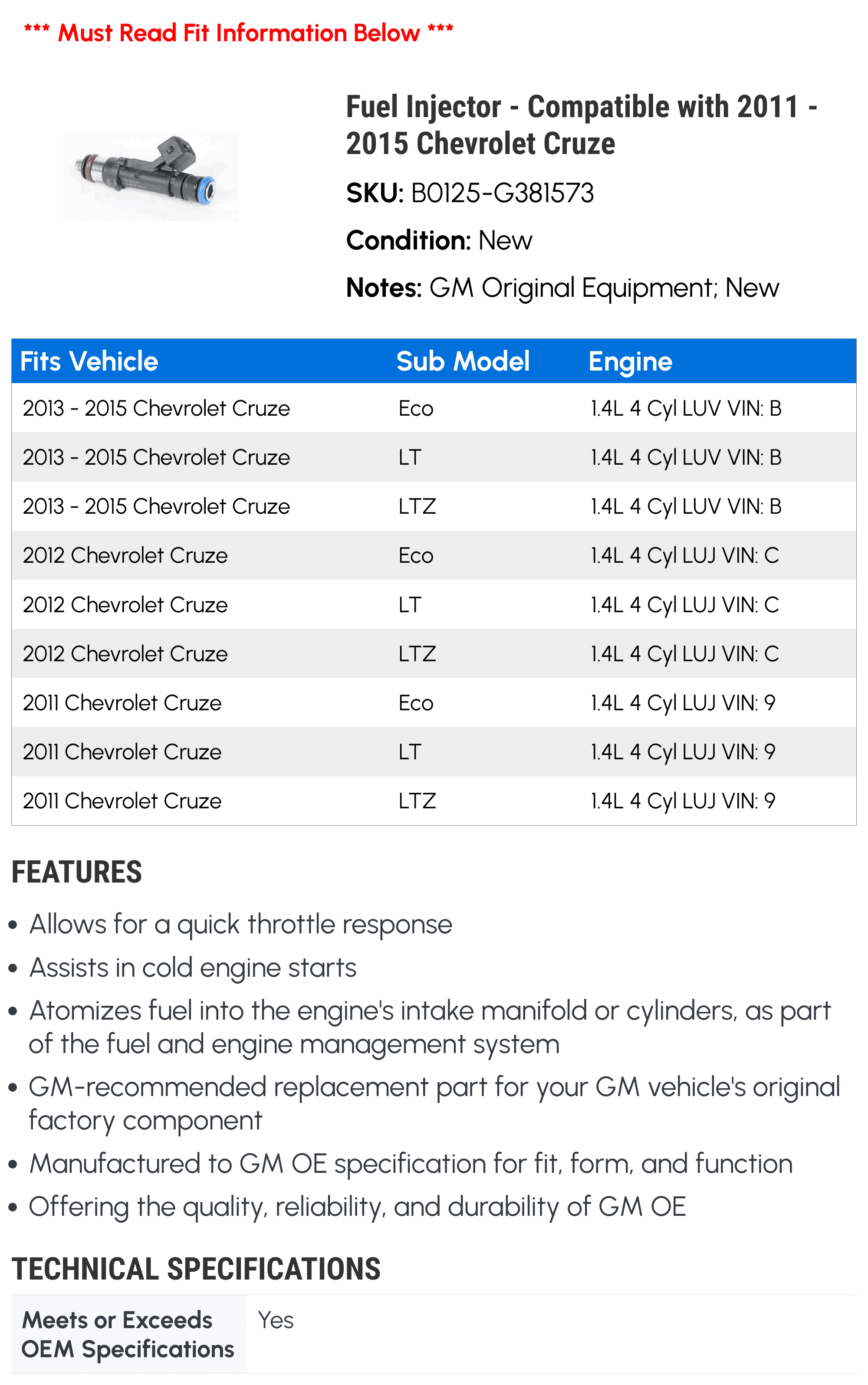 Fuel Injector - Compatible with 2011 - 2015 Chevy Cruze 2012 2013 2014
