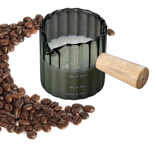 Tetera pequeña con mango de madera antiescaldaduras (capacidad de 90ml/3), Taza de leche de café resistente al calor para amantes del café, regalo , Gris oscuro perfecl ollas de leche
