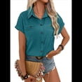 thumbnail image 2 of Camisa Plisada de Corta con Botones para Mujer, Blusa Informal de Negocios de Corte Entallado con Bolsillo, Verano 2025. Azul Pavo Real XXL, 2 of 9