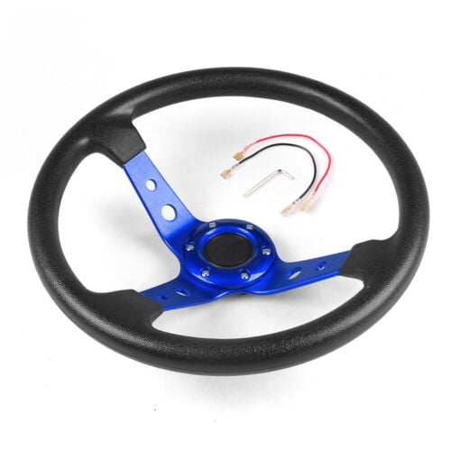 350mm 14inch Deep Dish 6 Bolt Racing Steering Wheel PU Leather Horn Button Blue
