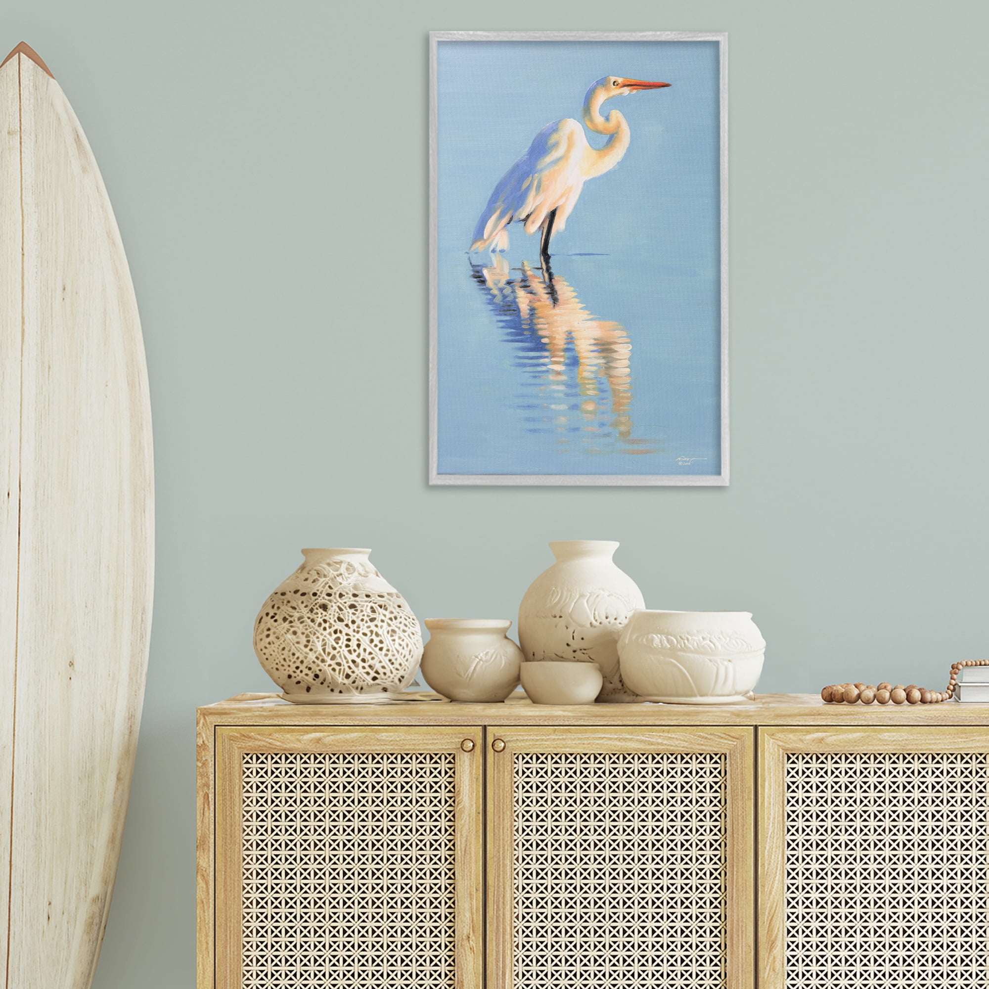 Stupell Industries Blue Egret Reflection Animals & Insects Painting Gray Framed Art Print Wall Art, 20 x 30