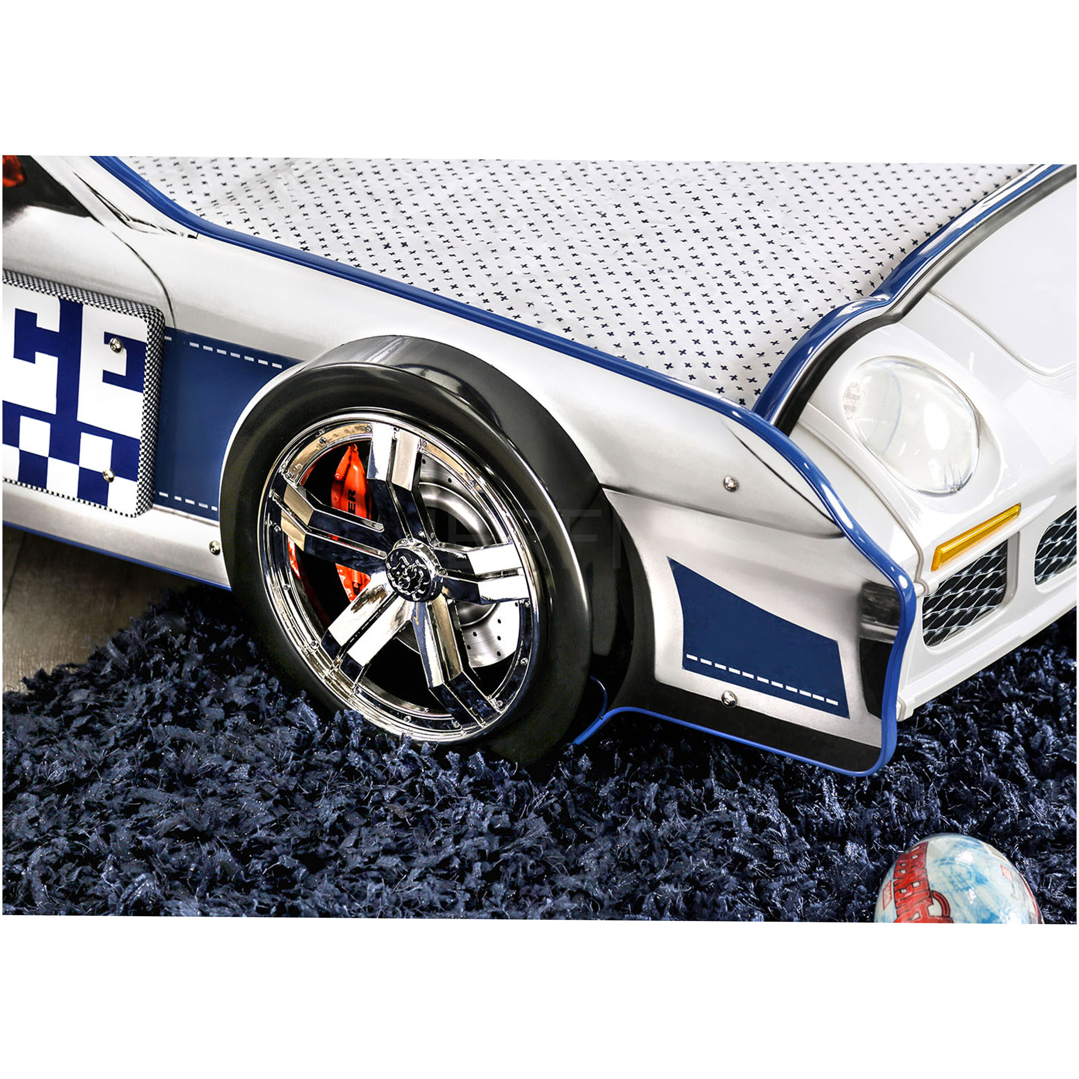 JERFIT Modern Police Car Twin Bed with LED Lights, High Gloss Finish Metal Frame Structure