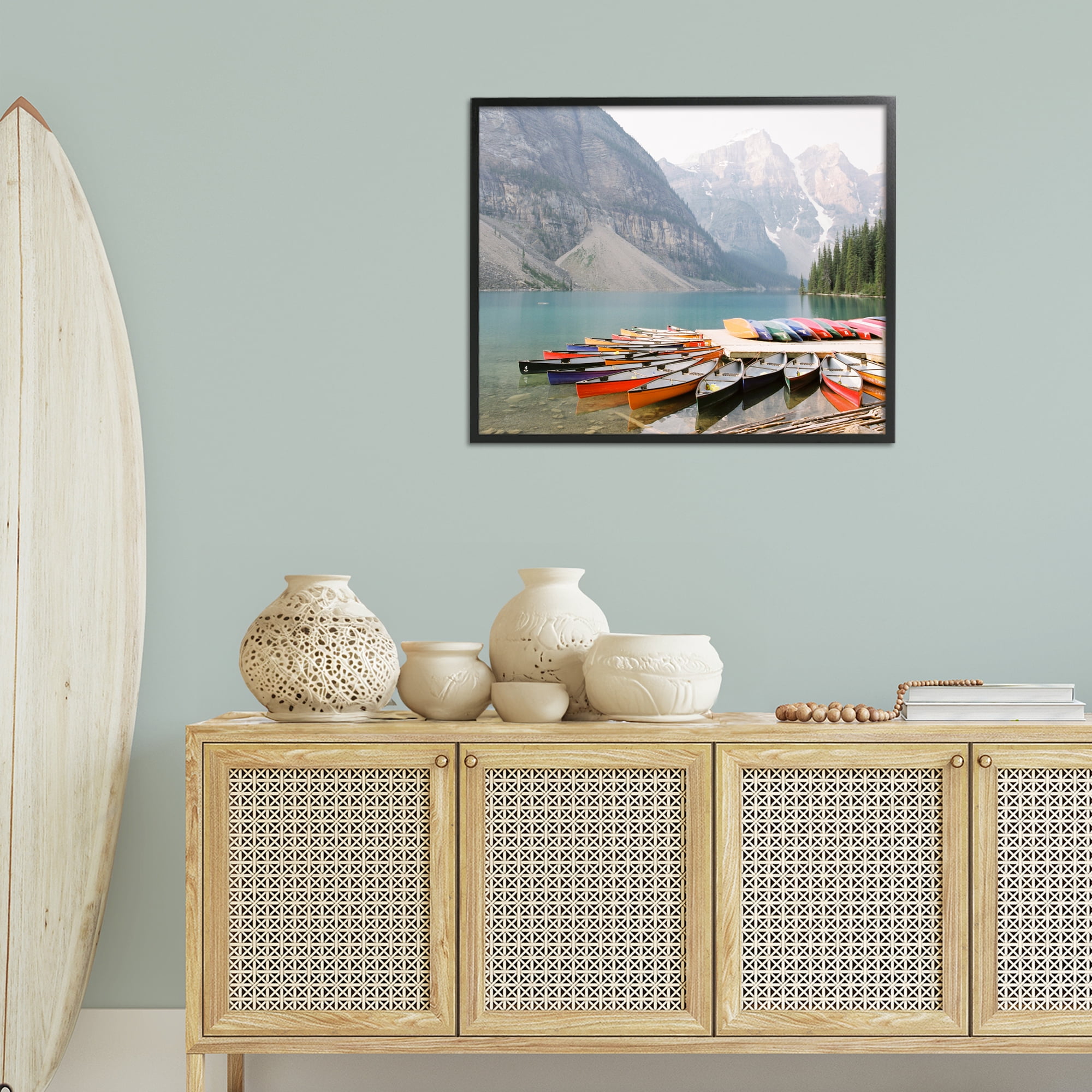 Stupell Industries Cliffside Canoe Dock Landscape Photography Black Framed Art Print Wall Art, 30 x 24