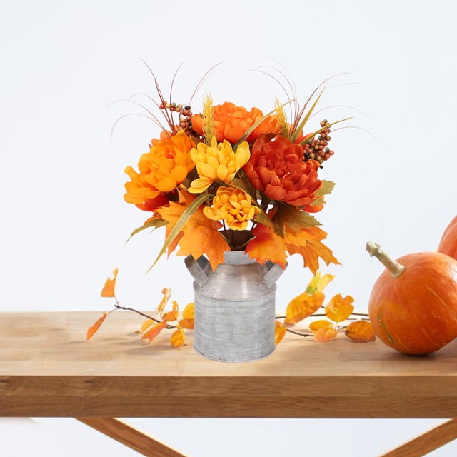 Ramo de flores de hierro con arreglo de girasoles, simulación de cubo de hojalata con colores otoñales, suministros de decoración para el festival de la cosecha, marco de metal de alta