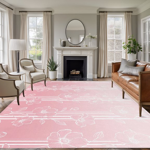 Pink Spring Floral 5'x7' Area Rug, Elegant Pastoral Flowers Abstract Art Washable Non-Slip Soft Rugs, Low-Pile Large Carpet for Living Room Bedroom Dining Room, Non-Shedding Accent Rug
