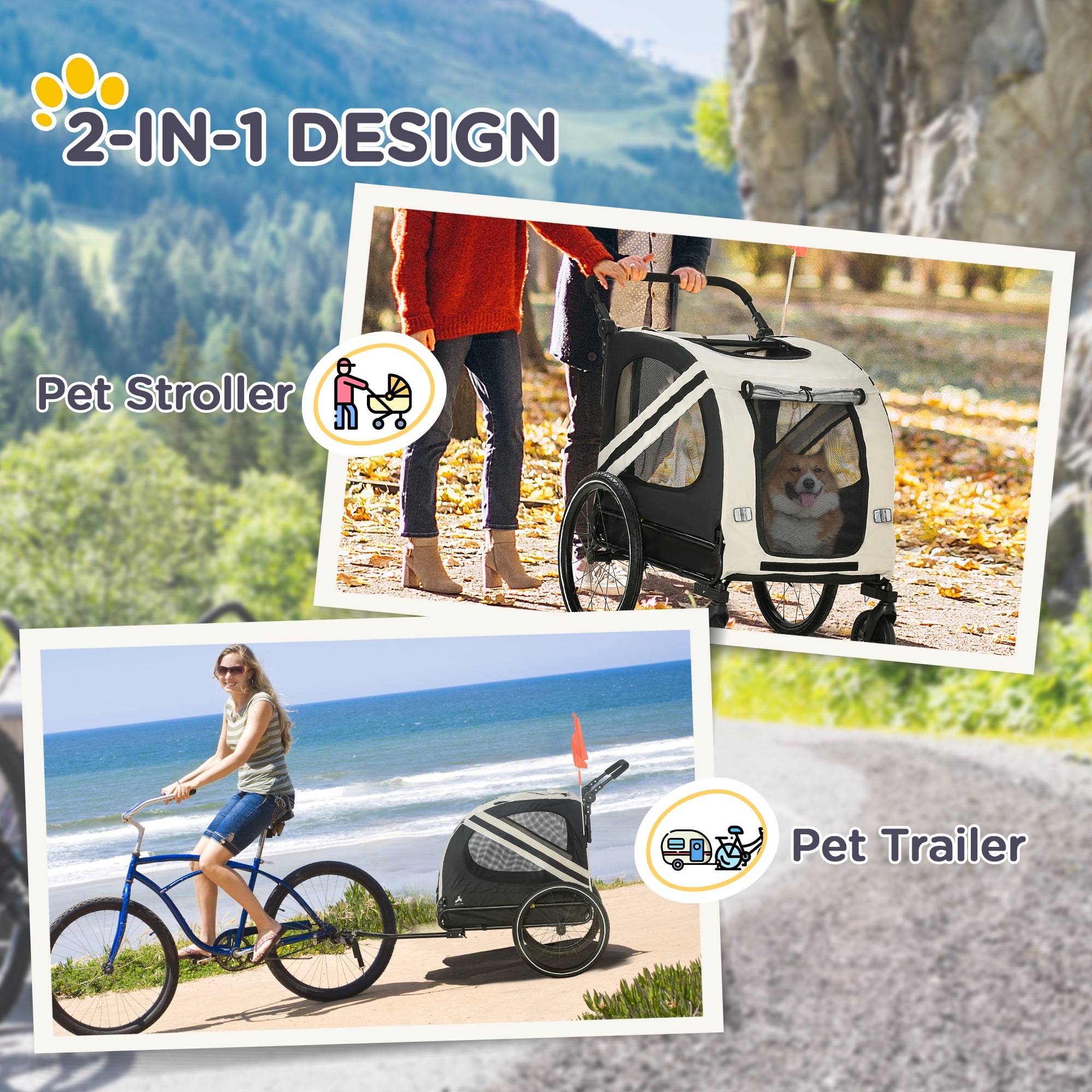 2-in-1 Pet Bike Trailer for Small Dogs, Road-Visibility Bicycle Stroller, Weather-Strong Bike Wagon Trailer Sidecar Attachment, White