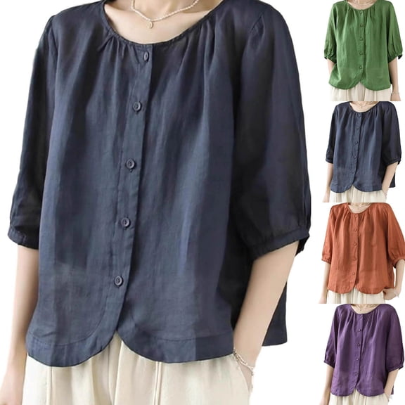 Fengqque Women's Cotton Linen Shirt Single Breasted Round Neck Top Loose Solid Color Cardigan Summer 3/4 Sleeve Blouse Purple XL(XL)