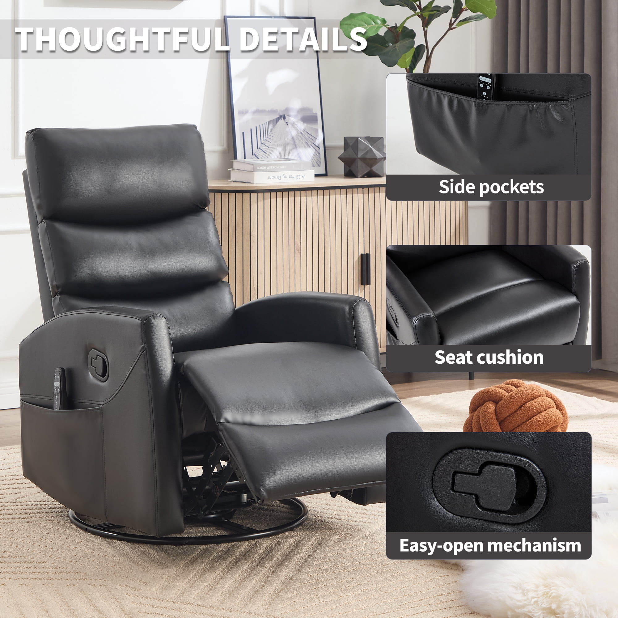 Aukfa 360° Swivel Recliner Rocking Chair with Massage and Heat for Living Room & Nursery, Leather, Black