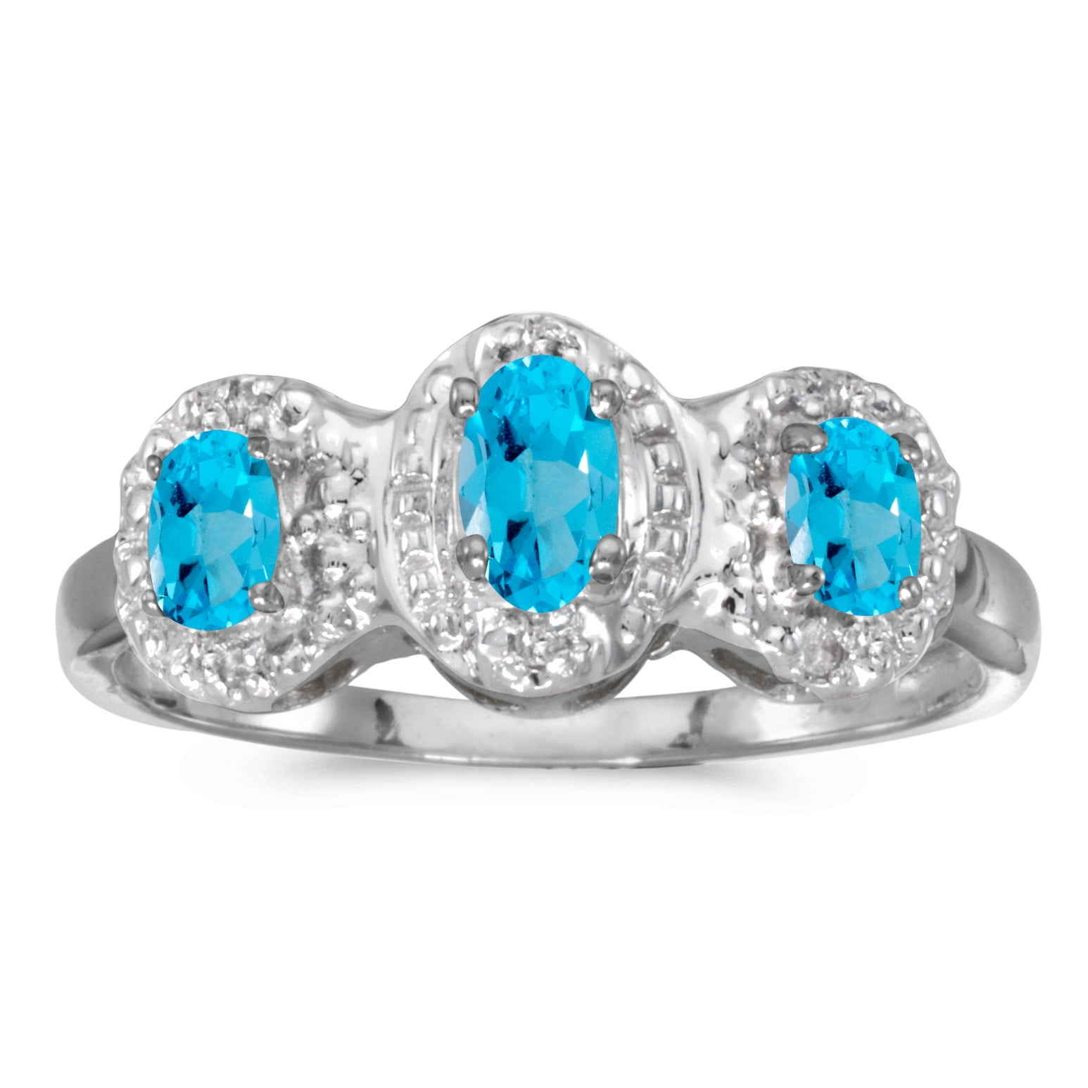 10k White Gold Oval Blue Topaz And Diamond Three Stone Ring by